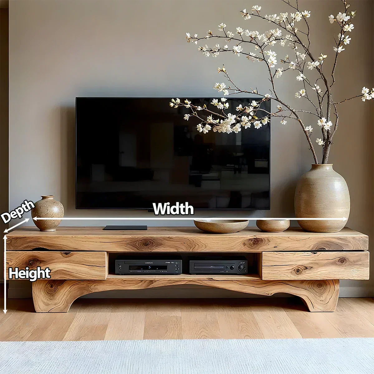 Solid Wood TV Stand – Wabi Sabi Media Console with Natural Finish & Handcrafted Details - Rustiracraft
