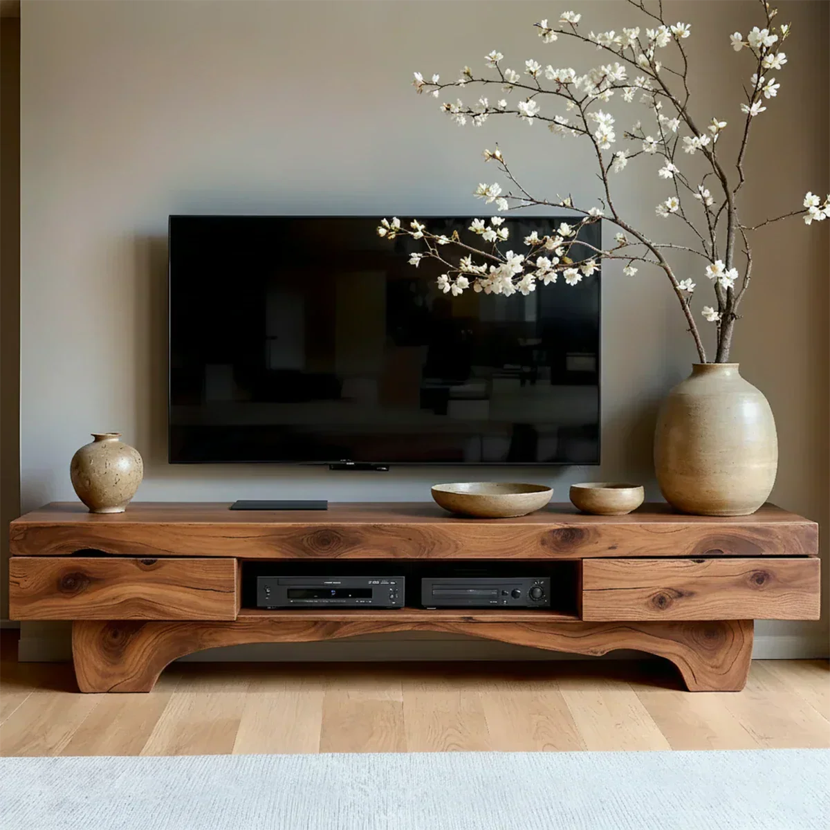 Solid Wood TV Stand – Wabi Sabi Media Console with Natural Finish & Handcrafted Details - Rustiracraft