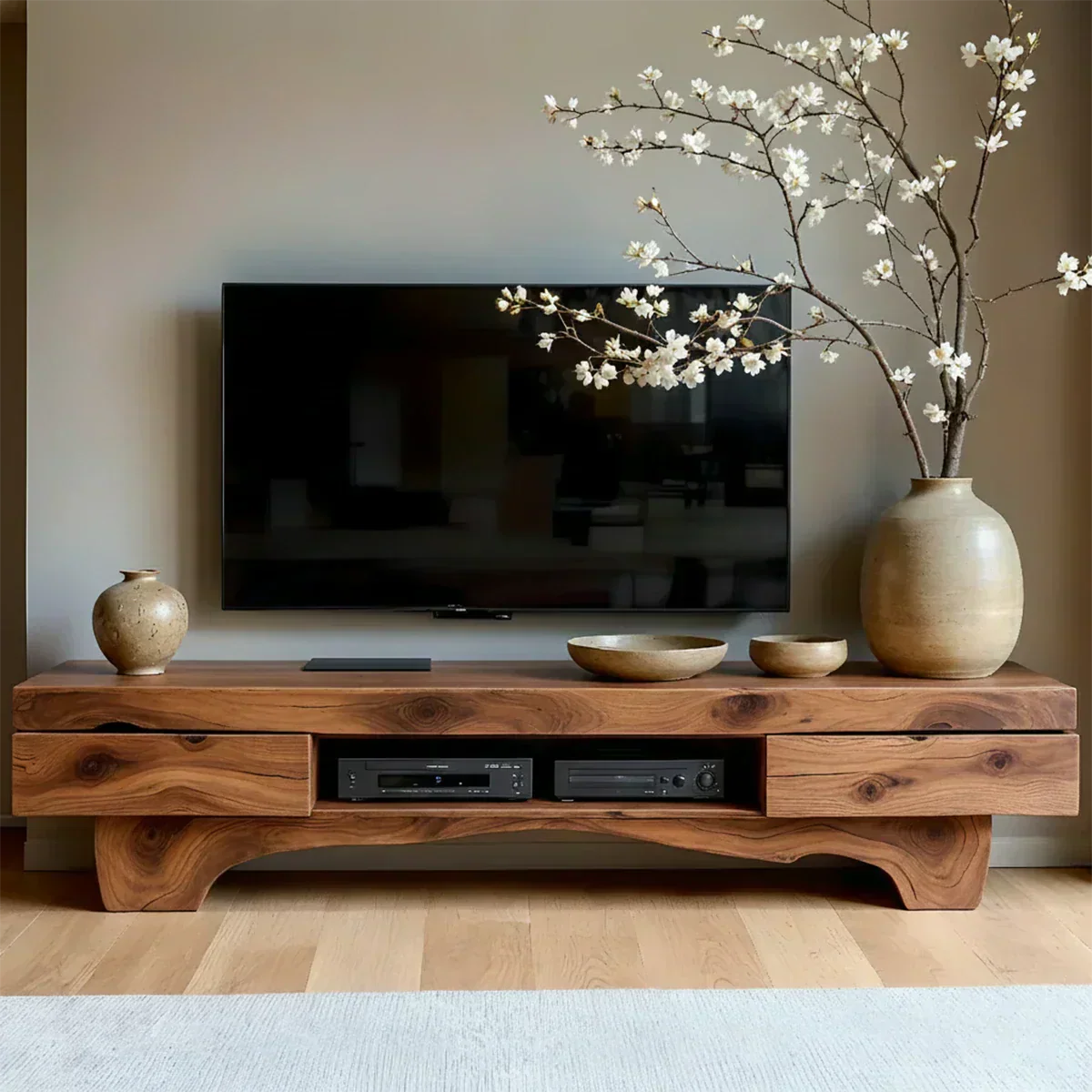 Solid Wood TV Stand – Wabi Sabi Media Console with Natural Finish & Handcrafted Details - Rustiracraft