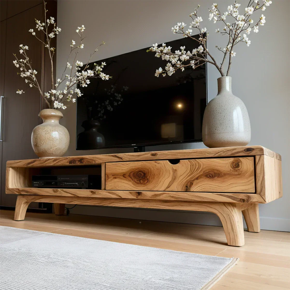 Solid Wood TV Stand – Wabi Sabi Media Console with Warm Natural Grain - Rustiracraft