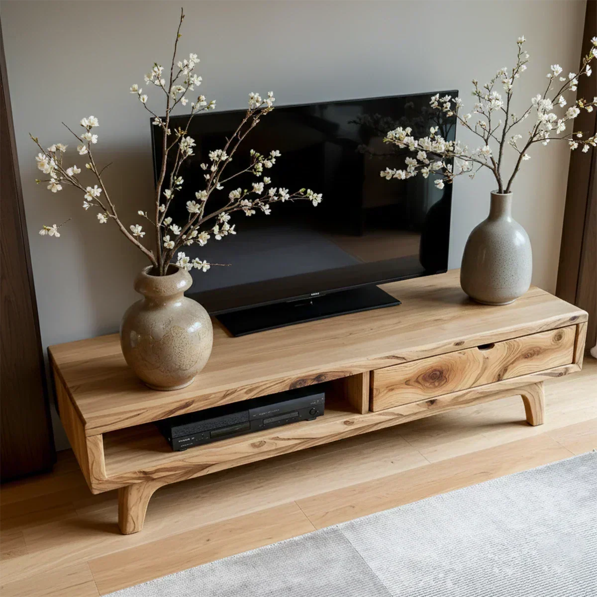 Solid Wood TV Stand – Wabi Sabi Media Console with Warm Natural Grain - Rustiracraft