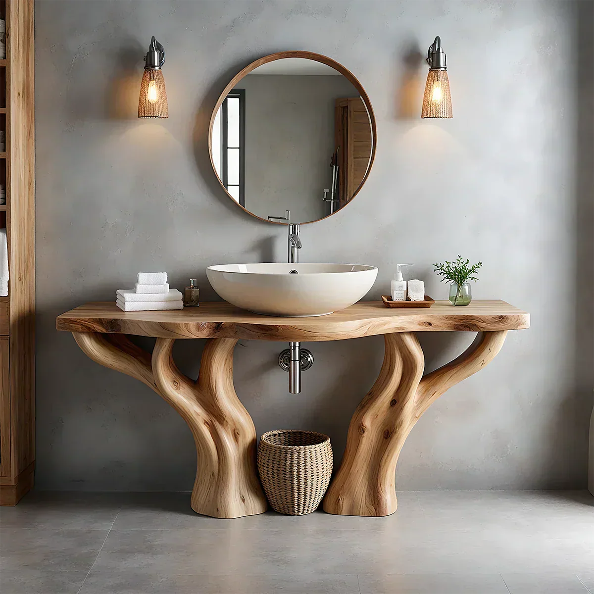 Solid Wood Tree-Form Bathroom Vanity – Natural Live-Edge Countertop - Rustiracraft