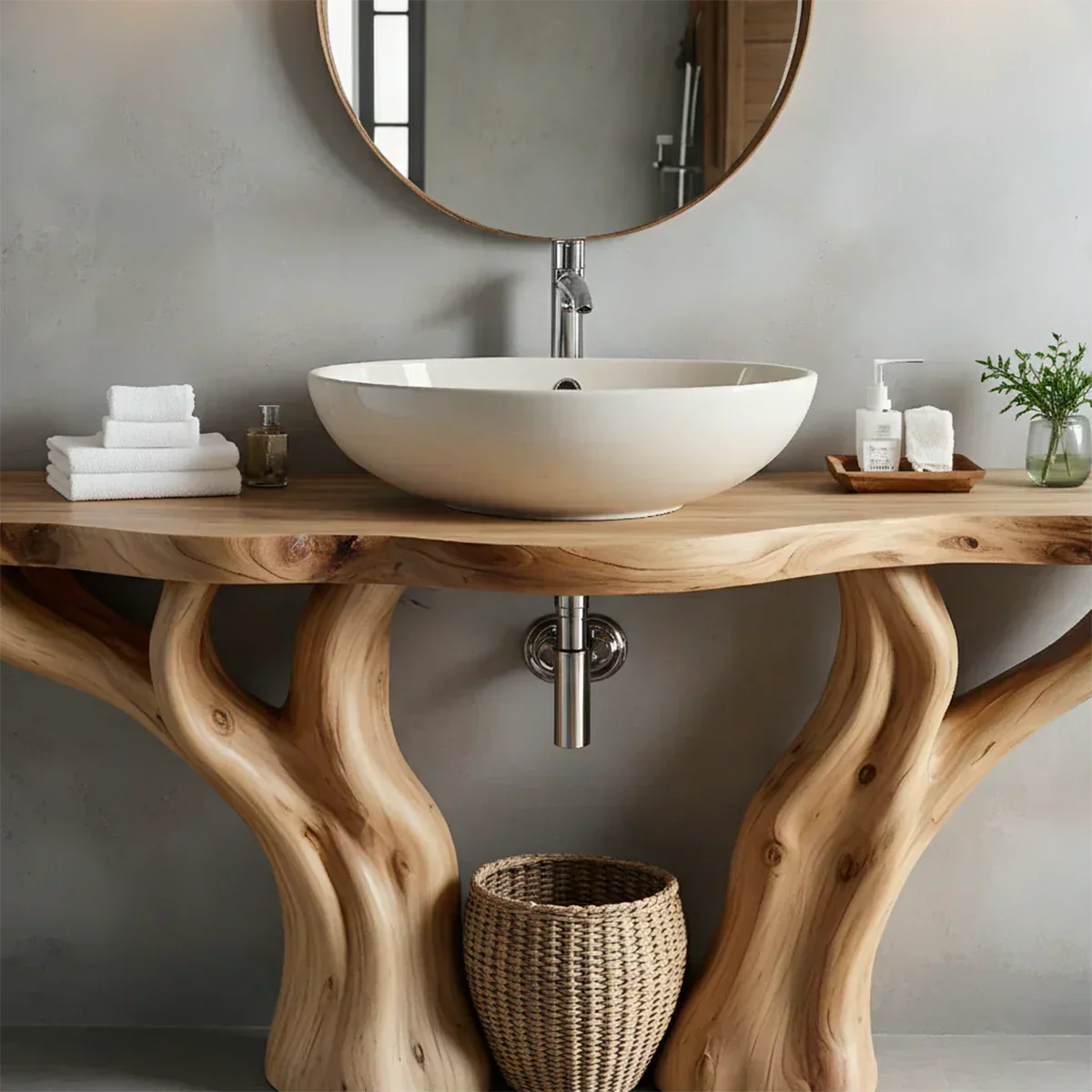 Solid Wood Tree-Form Bathroom Vanity – Natural Live-Edge Countertop - Rustiracraft
