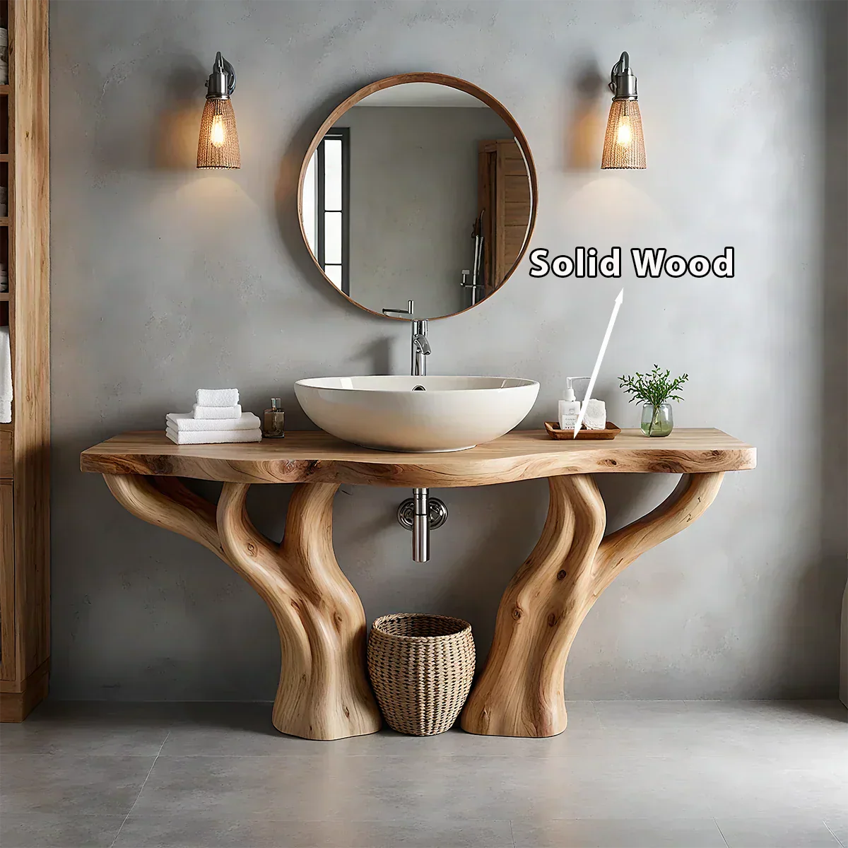 Solid Wood Tree-Form Bathroom Vanity – Natural Live-Edge Countertop - Rustiracraft