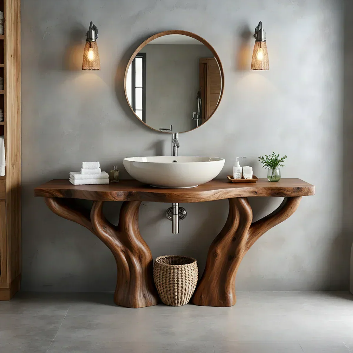 Solid Wood Tree-Form Bathroom Vanity – Natural Live-Edge Countertop - Rustiracraft
