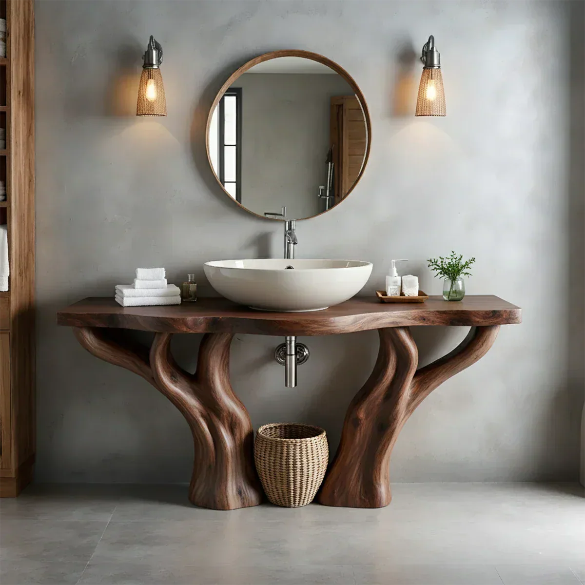Solid Wood Tree-Form Bathroom Vanity – Natural Live-Edge Countertop - Rustiracraft
