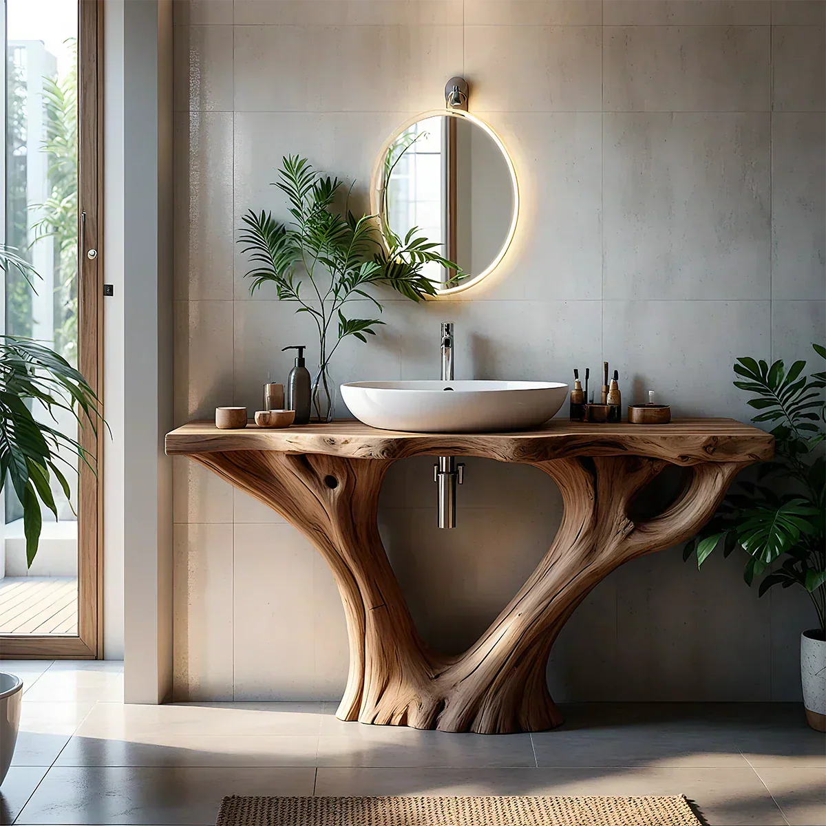 Solid Wood Tree Trunk Bathroom Vanity – Sculpted Live-Edge Base - Rustiracraft
