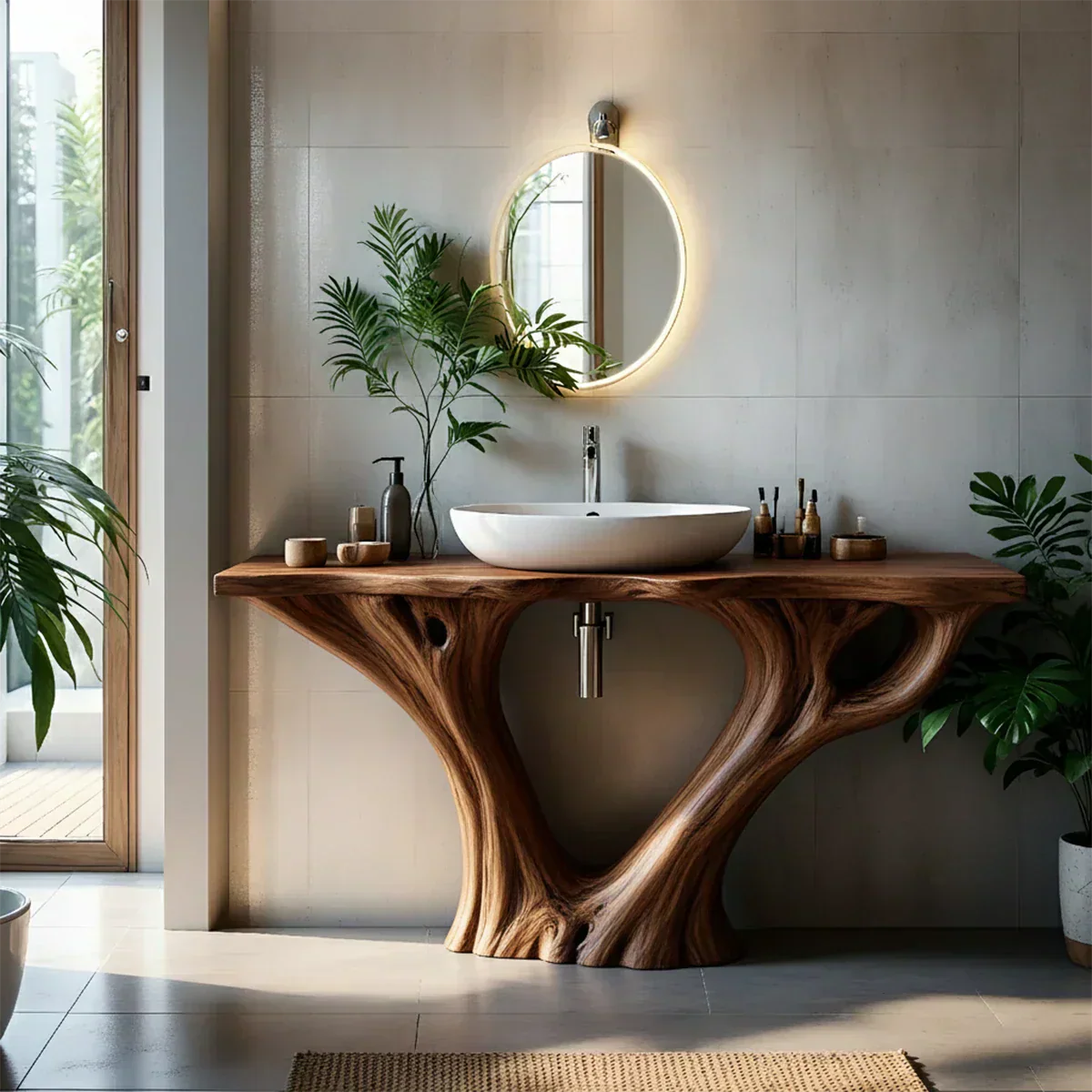Solid Wood Tree Trunk Bathroom Vanity – Sculpted Live-Edge Base - Rustiracraft