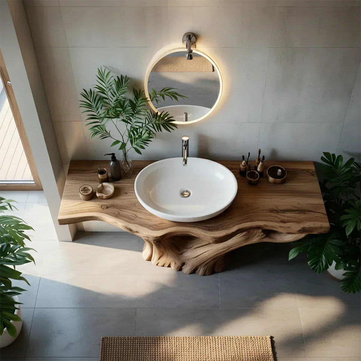 Solid Wood Tree Trunk Bathroom Vanity – Sculpted Live-Edge Base - Rustiracraft