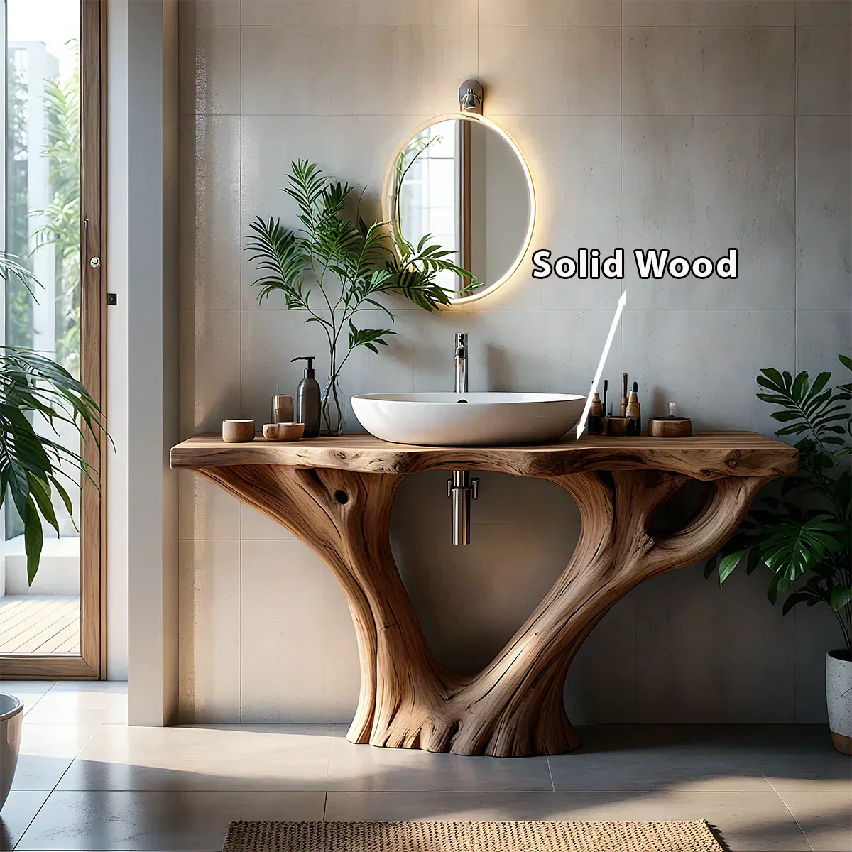 Solid Wood Tree Trunk Bathroom Vanity – Sculpted Live-Edge Base - Rustiracraft