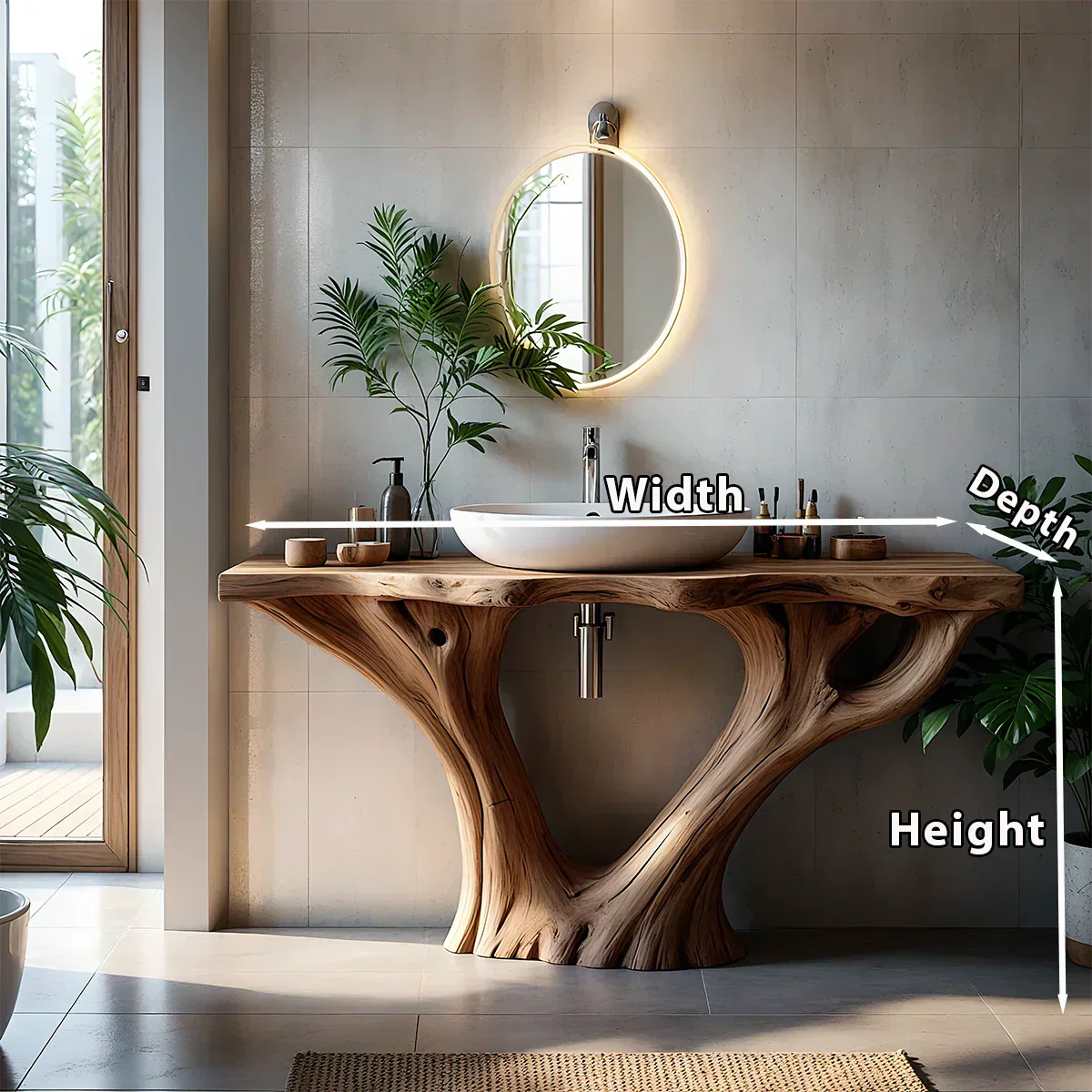 Solid Wood Tree Trunk Bathroom Vanity – Sculpted Live-Edge Base - Rustiracraft