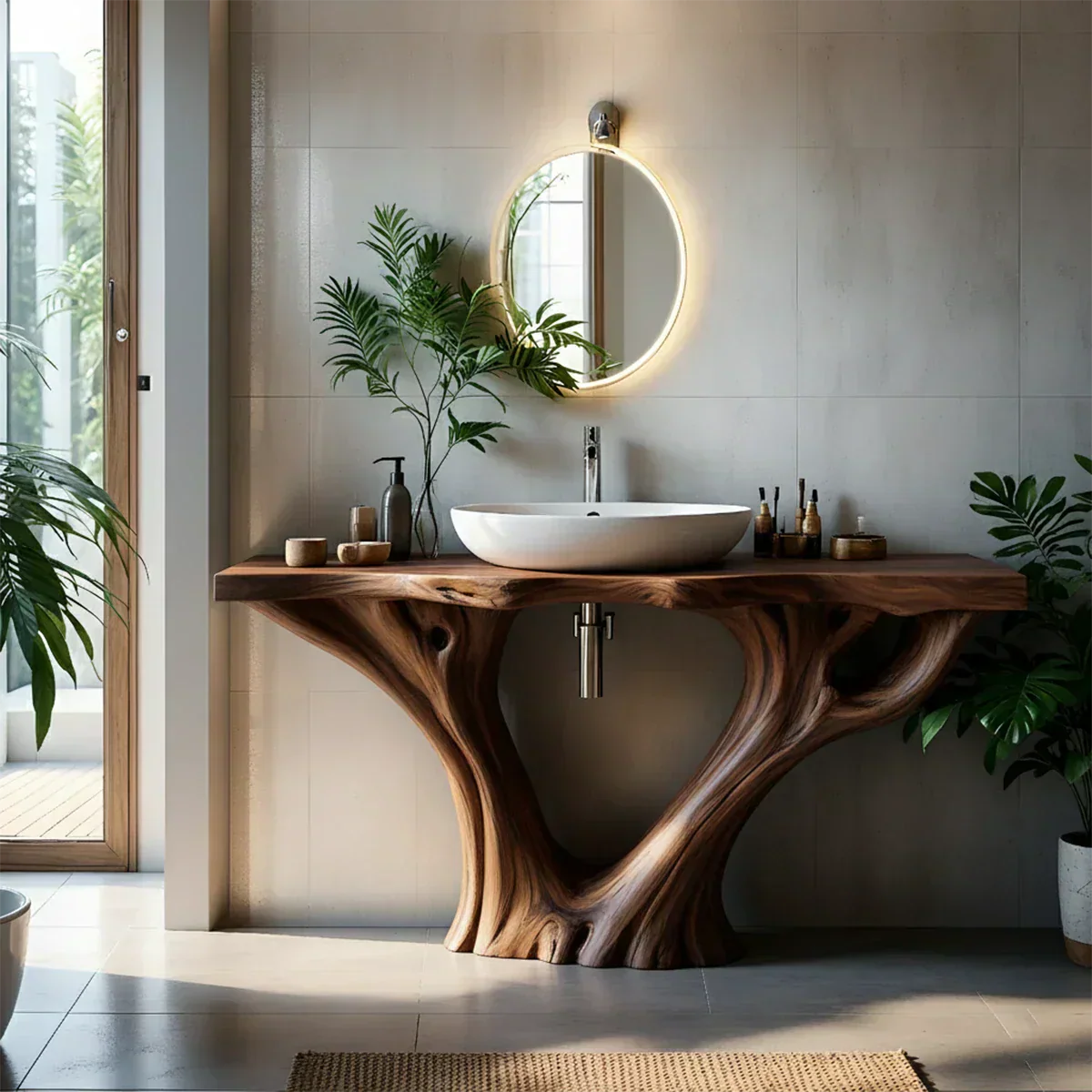 Solid Wood Tree Trunk Bathroom Vanity – Sculpted Live-Edge Base - Rustiracraft