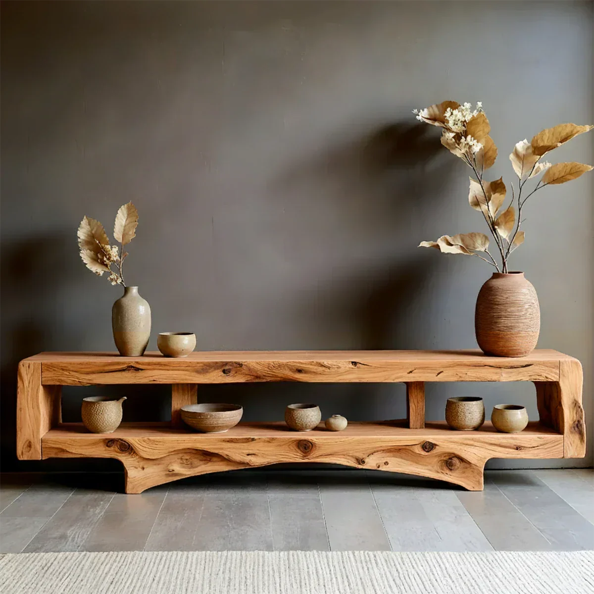 Solid Wood Wabi Sabi Console Table – Natural Finish Entryway & Living Room Shelf - Rustiracraft
