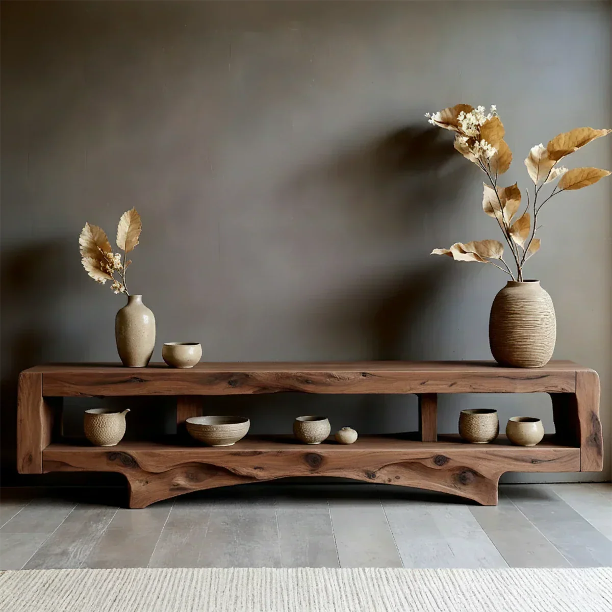 Solid Wood Wabi Sabi Console Table – Natural Finish Entryway & Living Room Shelf - Rustiracraft