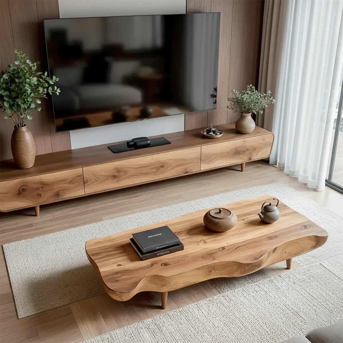 Solid Wood Wabi Sabi TV Stand – Natural Finish Media Console - Rustiracraft