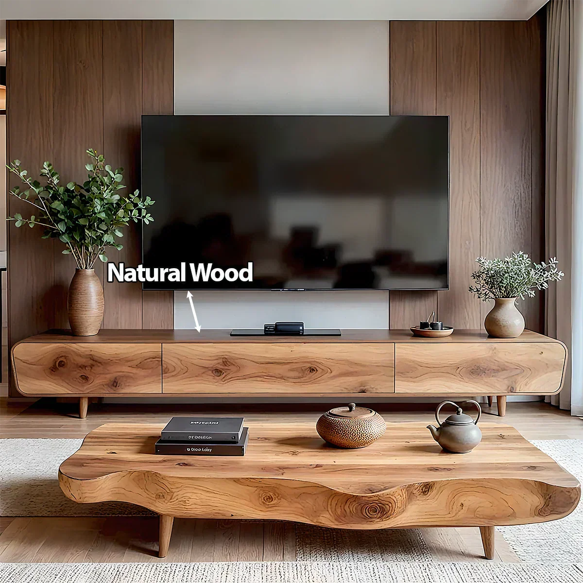 Solid Wood Wabi Sabi TV Stand – Natural Finish Media Console - Rustiracraft