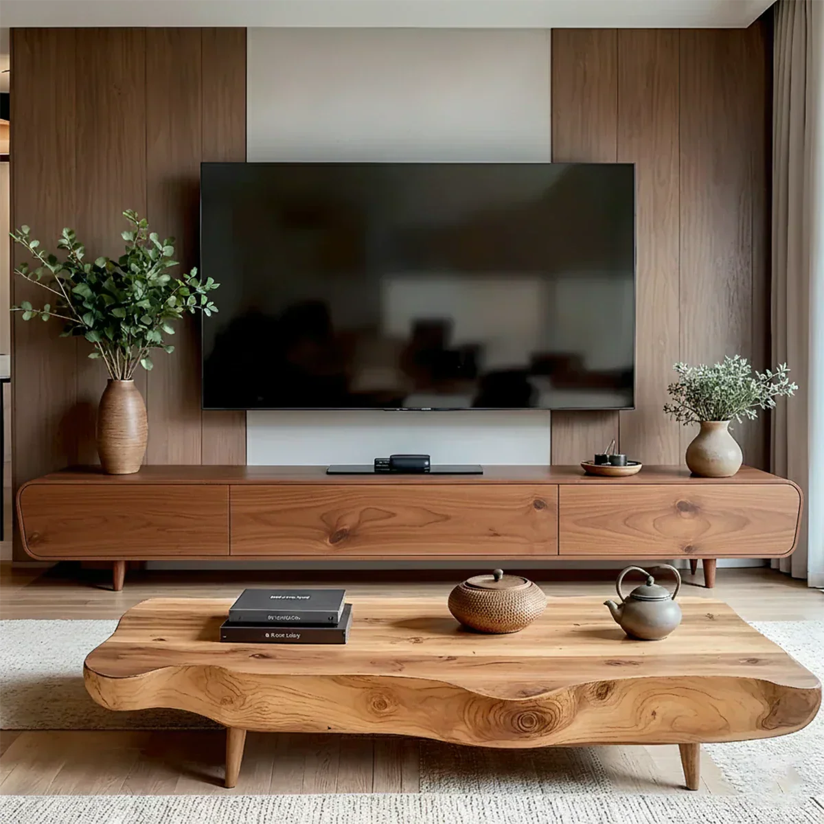 Solid Wood Wabi Sabi TV Stand – Natural Finish Media Console - Rustiracraft