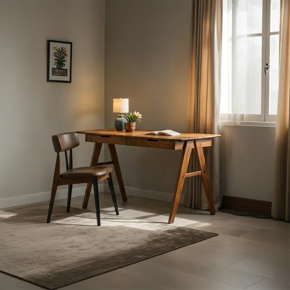 Solid Wood Writing Desk with A-Frame Legs & Dual Drawers - Rustiracraft