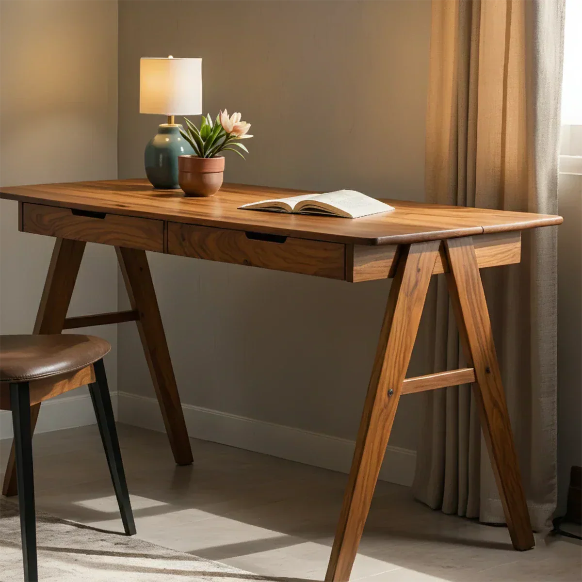 Solid Wood Writing Desk with A-Frame Legs & Dual Drawers - Rustiracraft