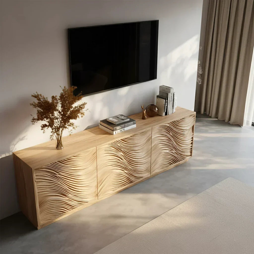 Sunlit Wave Carved Solid Wood TV Stand – Natural Breeze Edition - Rustiracraft