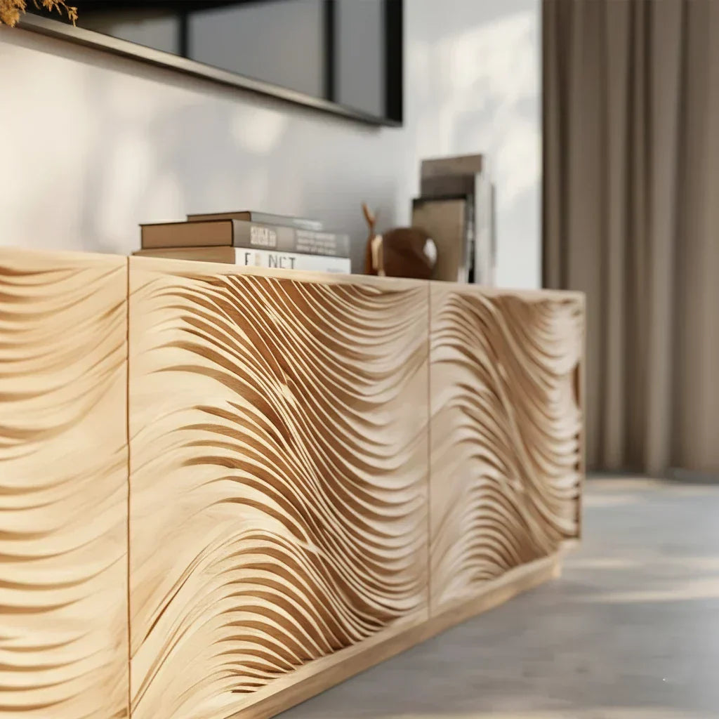 Sunlit Wave Carved Solid Wood TV Stand – Natural Breeze Edition - Rustiracraft