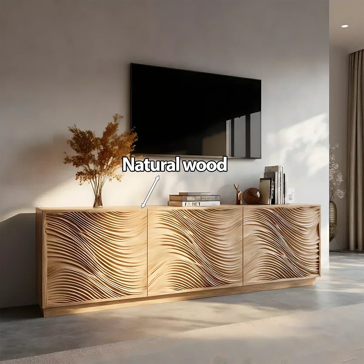 Sunlit Wave Carved Solid Wood TV Stand – Natural Breeze Edition - Rustiracraft