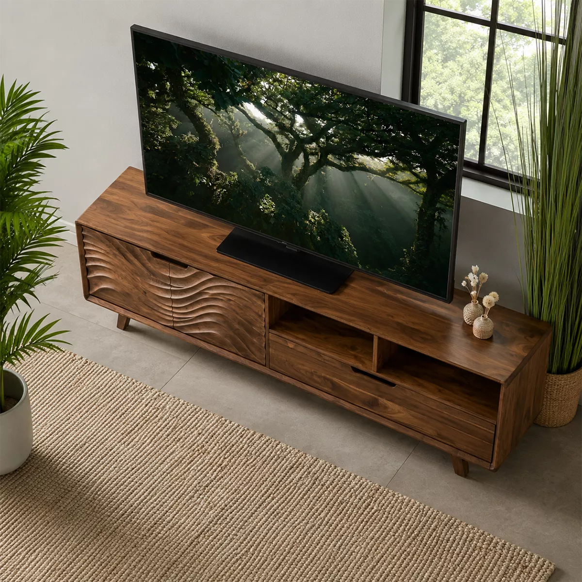 TV Stand with Concealed Storage and Sculptural Wave-Carved Cabinet Door - Rustiracraft