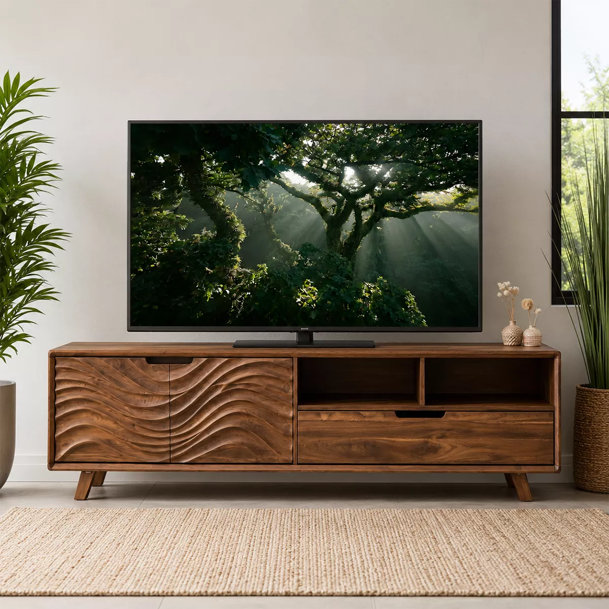 TV Stand with Concealed Storage and Sculptural Wave-Carved Cabinet Door - Rustiracraft