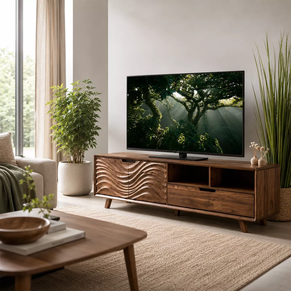 TV Stand with Concealed Storage and Sculptural Wave-Carved Cabinet Door - Rustiracraft