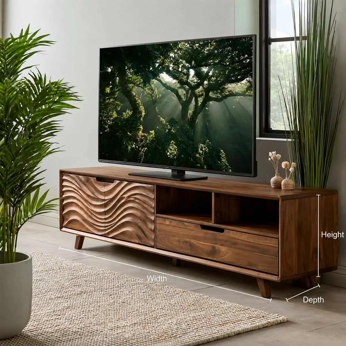 TV Stand with Concealed Storage and Sculptural Wave-Carved Cabinet Door - Rustiracraft