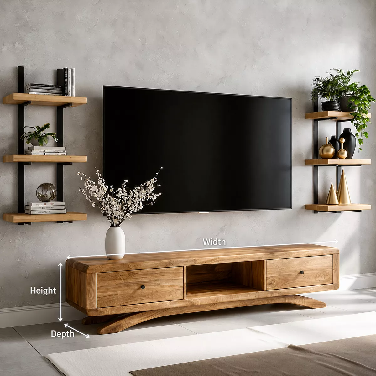 TV Stand with Curved Legs and Two Storage Drawers in Natural Solid Wood - Rustiracraft