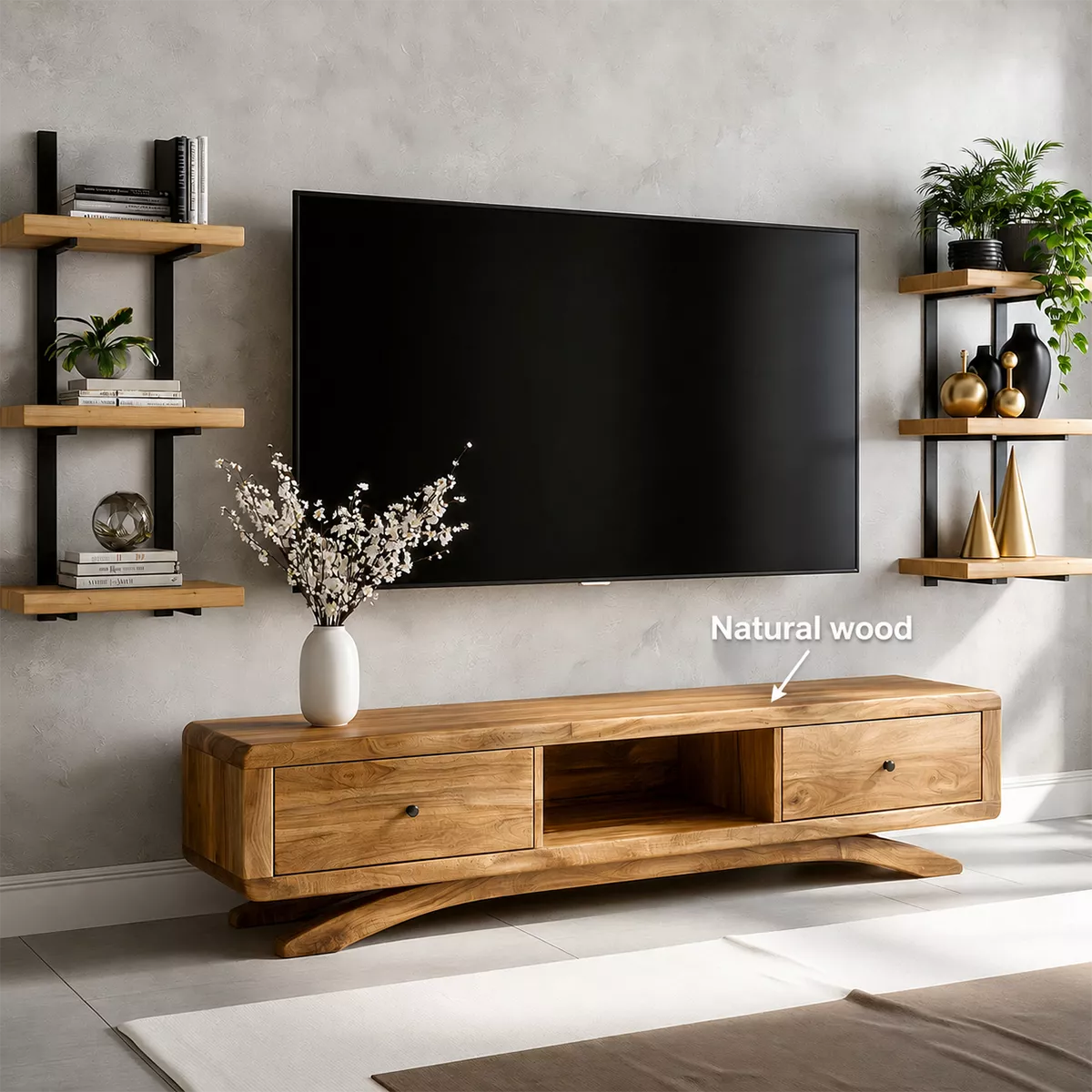 TV Stand with Curved Legs and Two Storage Drawers in Natural Solid Wood - Rustiracraft
