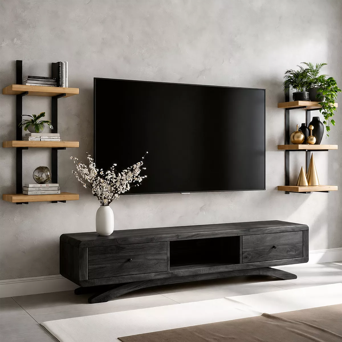 TV Stand with Curved Legs and Two Storage Drawers in Natural Solid Wood - Rustiracraft