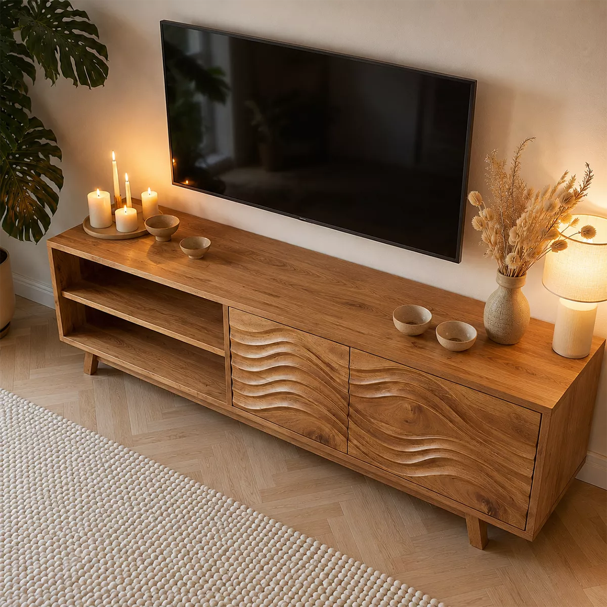 TV Stand with Enclosed Storage, Open Shelving, and Sculptural Wave Doors - Rustiracraft