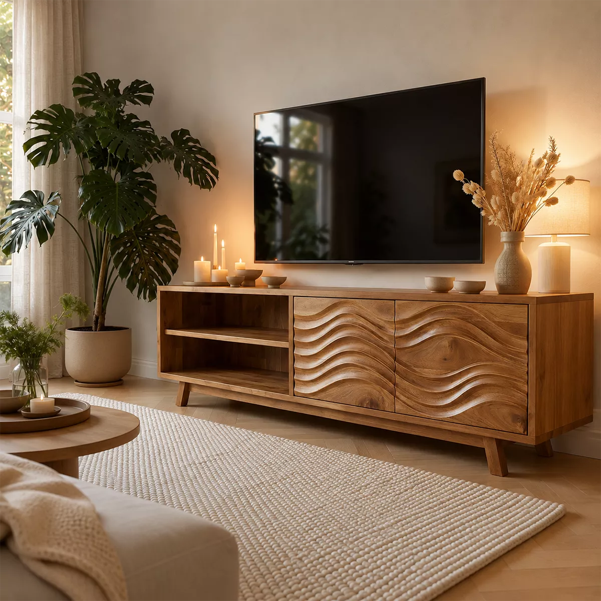 TV Stand with Enclosed Storage, Open Shelving, and Sculptural Wave Doors - Rustiracraft