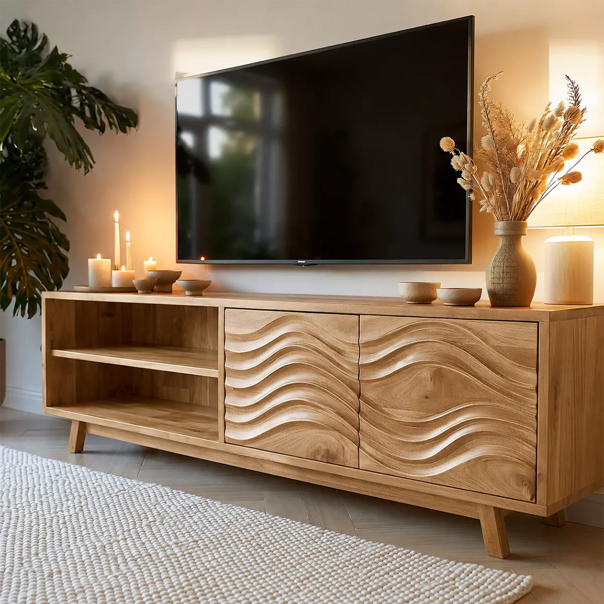 TV Stand with Enclosed Storage, Open Shelving, and Sculptural Wave Doors - Rustiracraft