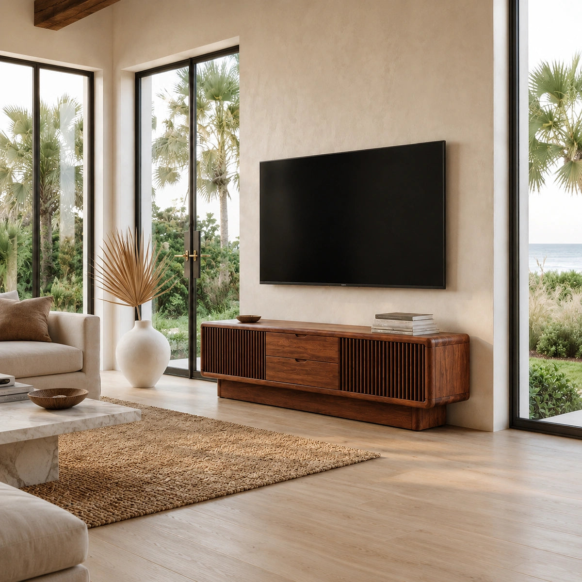 TV Stand with Fluted Cabinet Storage and Drawers in Natural Solid Wood - Rustiracraft