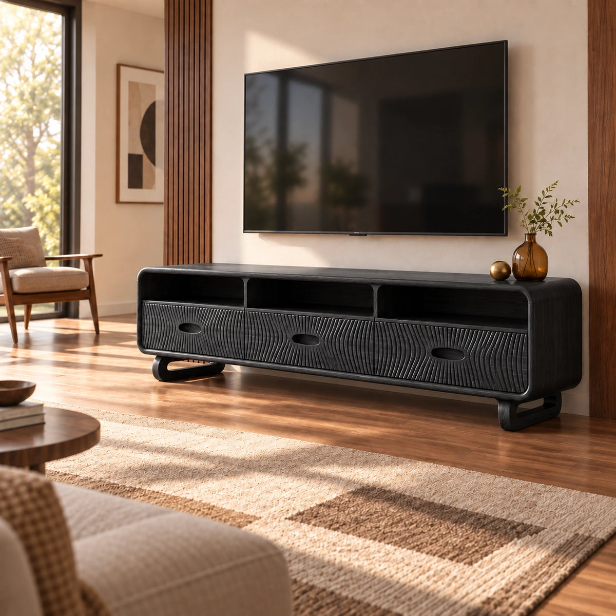 TV Stand with Fluted Drawers and Open Shelving in Natural Solid Wood - Rustiracraft
