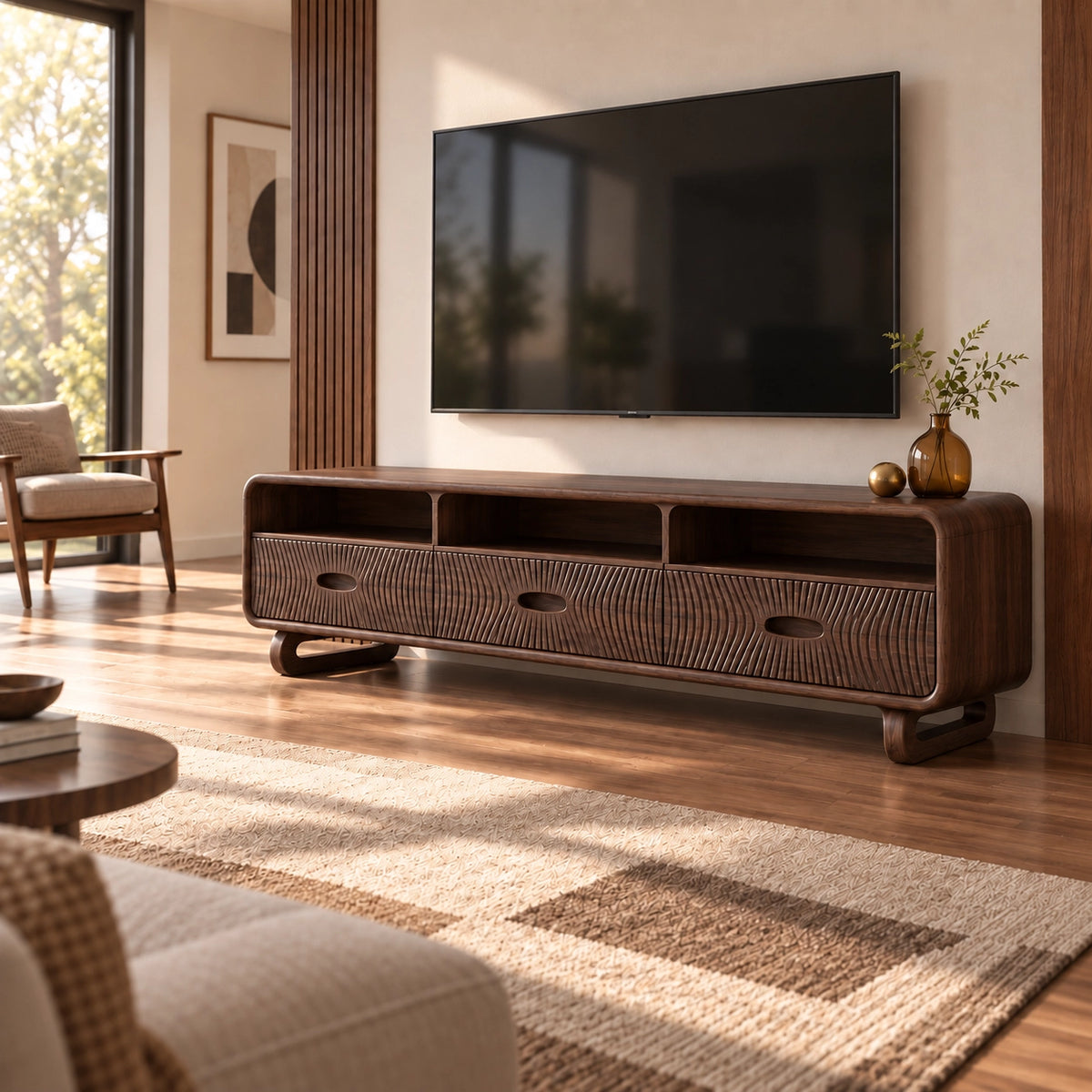 TV Stand with Fluted Drawers and Open Shelving in Natural Solid Wood - Rustiracraft
