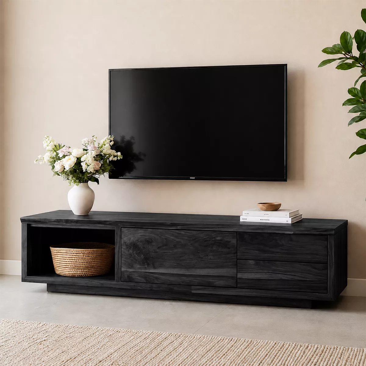 TV Stand with Open Display Nook and Two Drawers in Natural Solid Wood - Rustiracraft