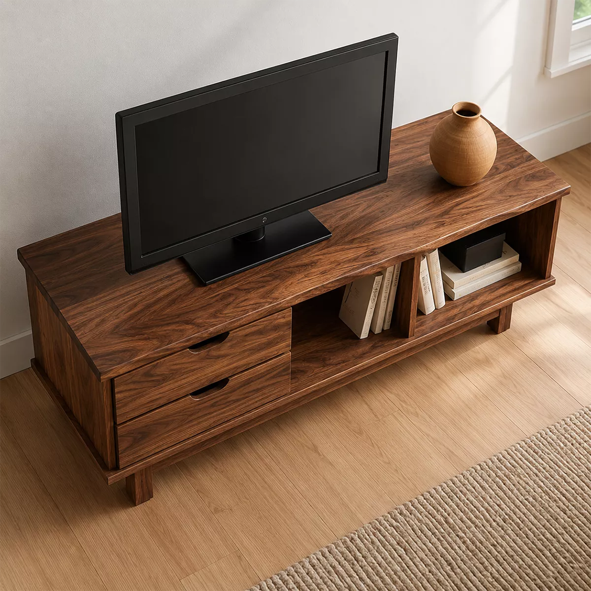 TV Stand with Sculpted Drawer Handles and Open Nooks in Natural Solid Wood - Rustiracraft