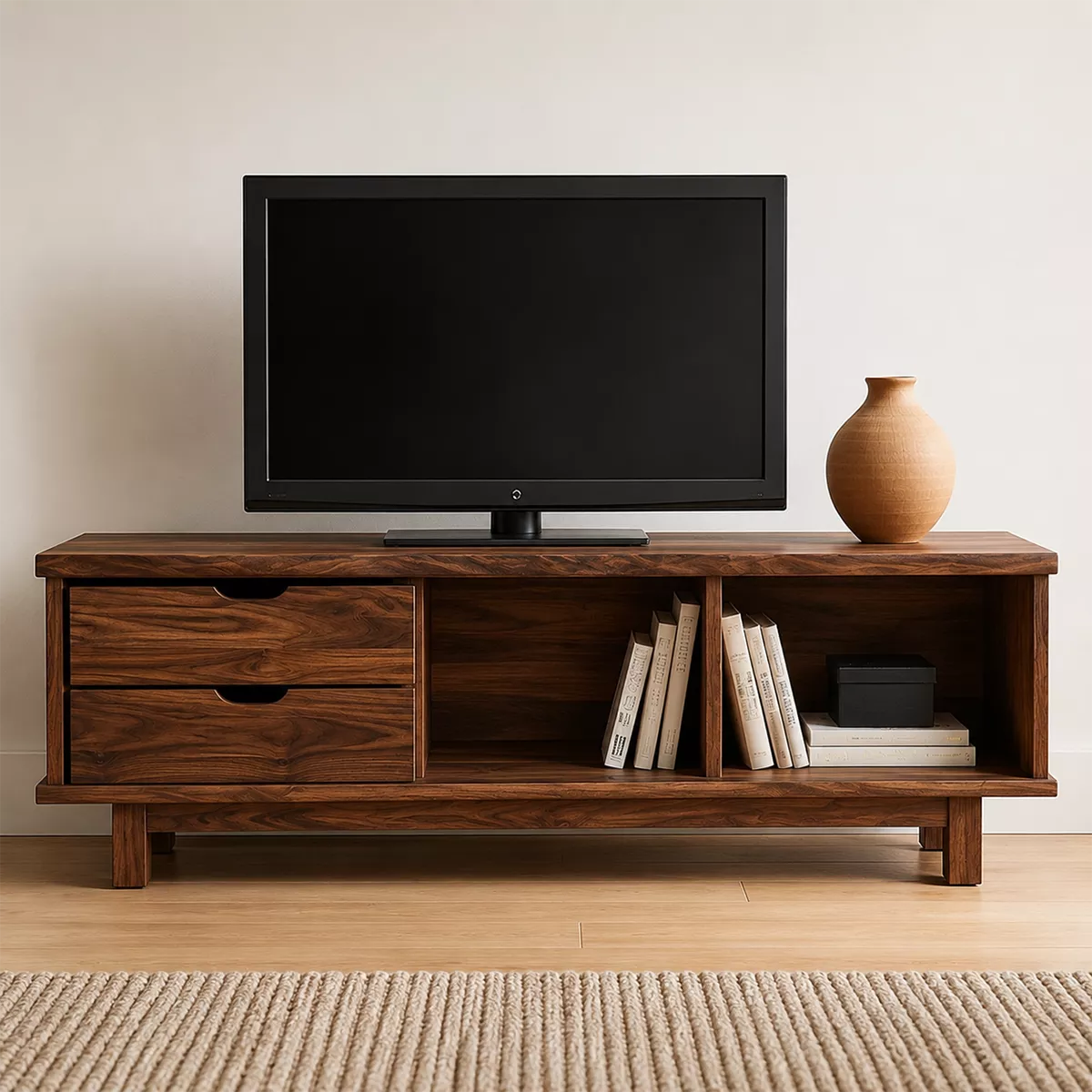 TV Stand with Sculpted Drawer Handles and Open Nooks in Natural Solid Wood - Rustiracraft