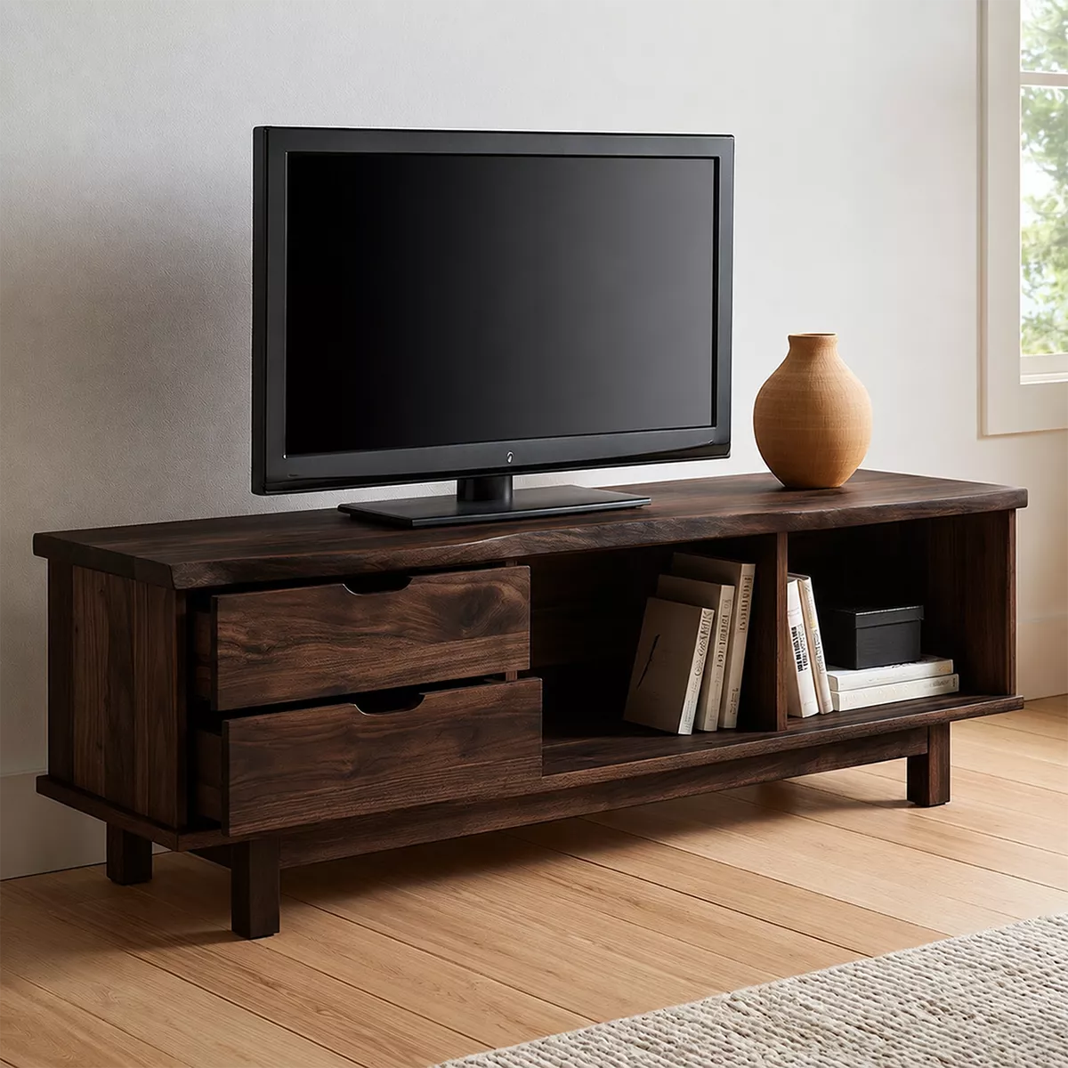 TV Stand with Sculpted Drawer Handles and Open Nooks in Natural Solid Wood - Rustiracraft