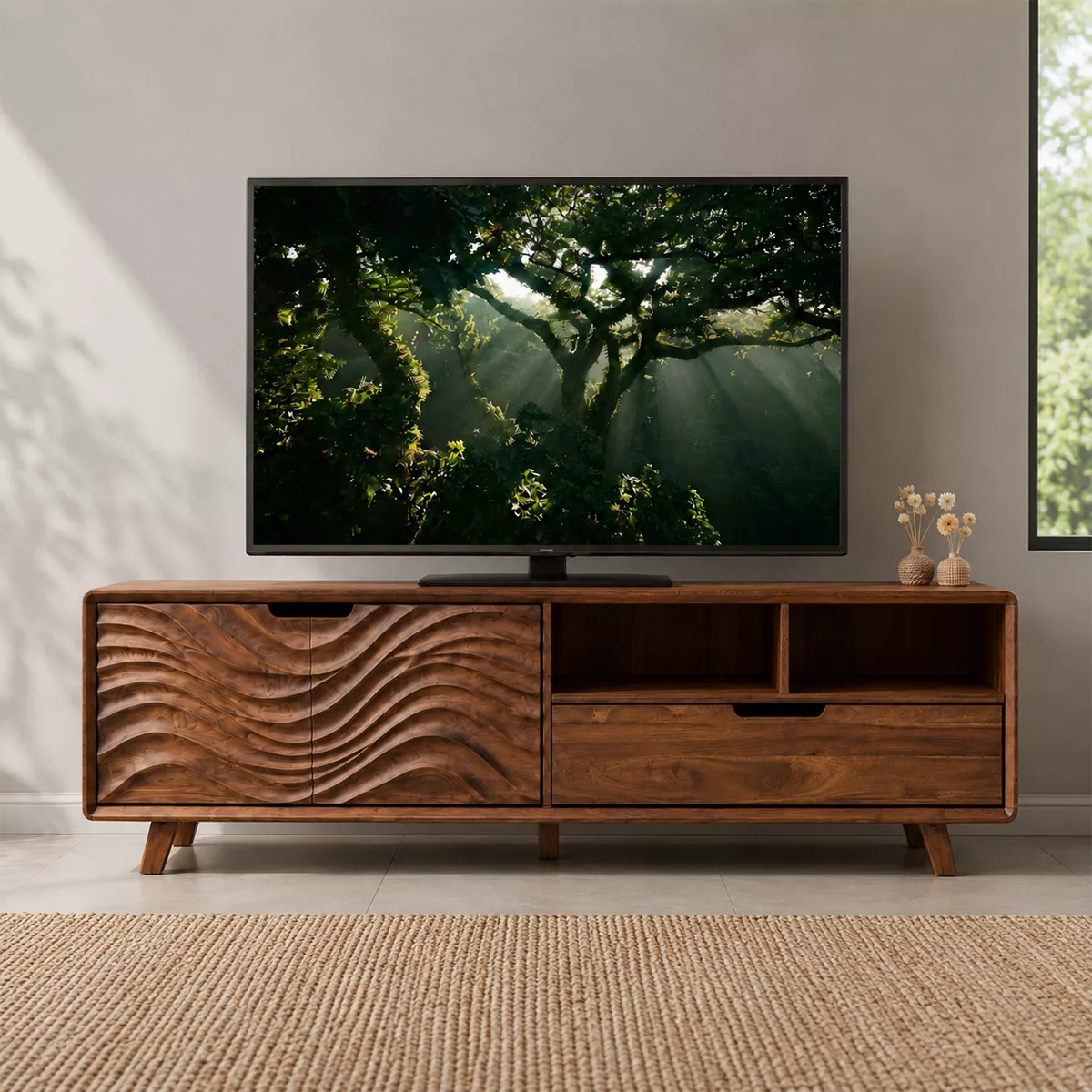 TV Stand with Sculptural Fluted Cabinet Door for Modern Living Room - Rustiracraft