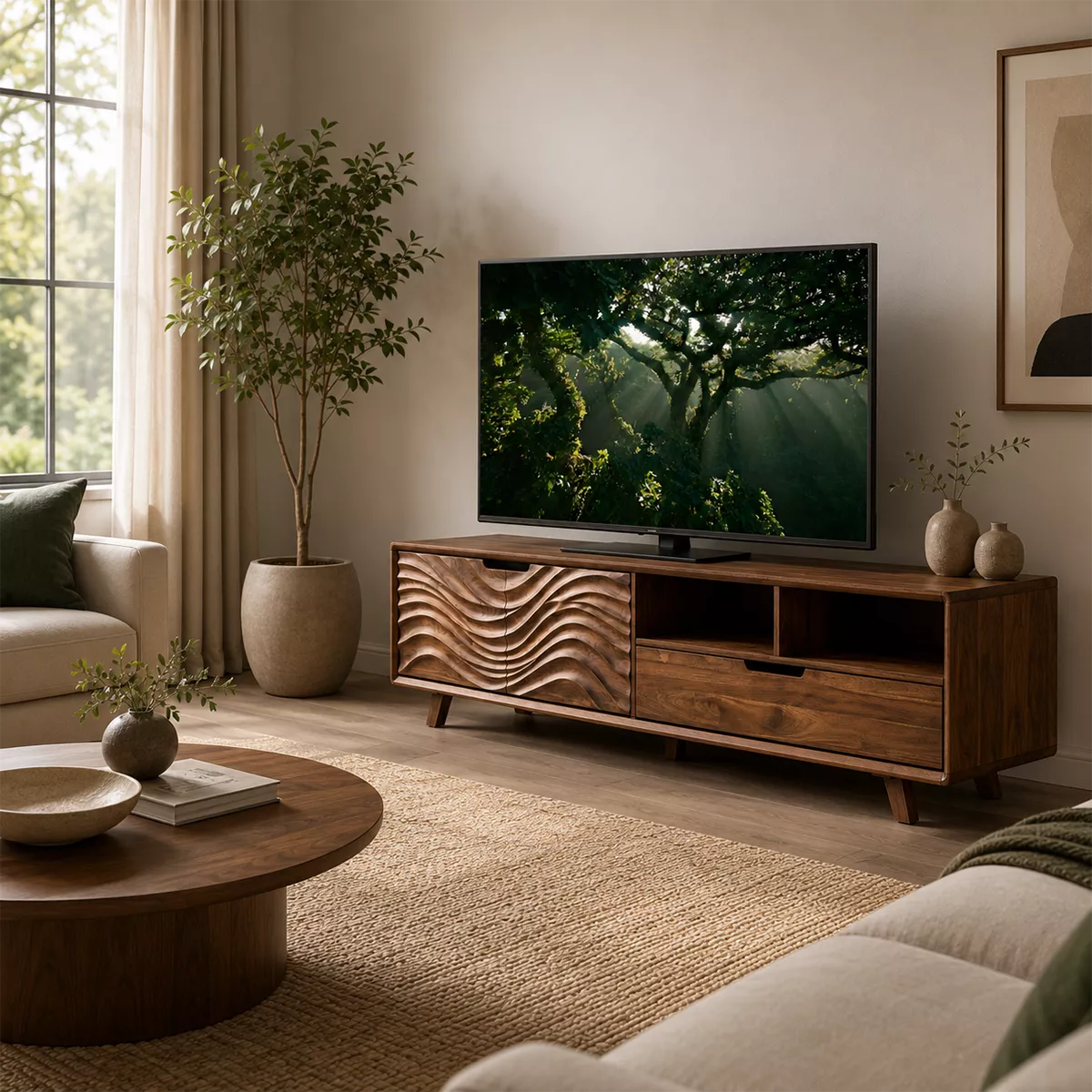 TV Stand with Sculptural Fluted Cabinet Door for Modern Living Room - Rustiracraft