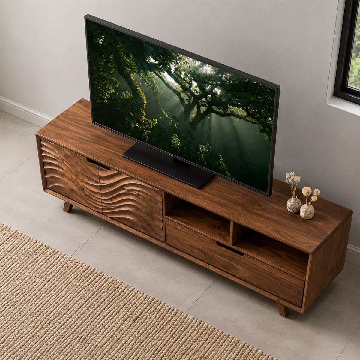 TV Stand with Sculptural Fluted Cabinet Door for Modern Living Room - Rustiracraft