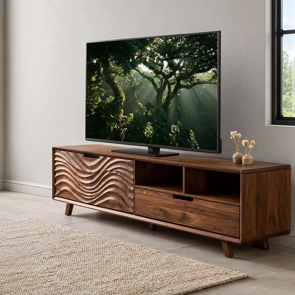 TV Stand with Sculptural Fluted Cabinet Door for Modern Living Room - Rustiracraft