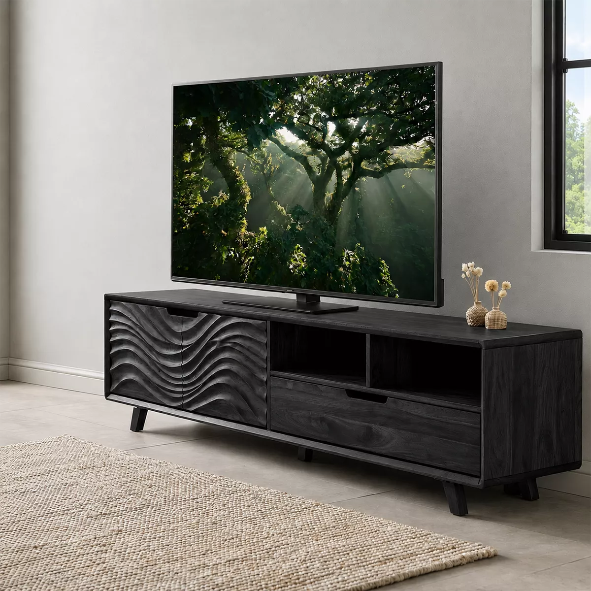 TV Stand with Sculptural Fluted Cabinet Door for Modern Living Room - Rustiracraft