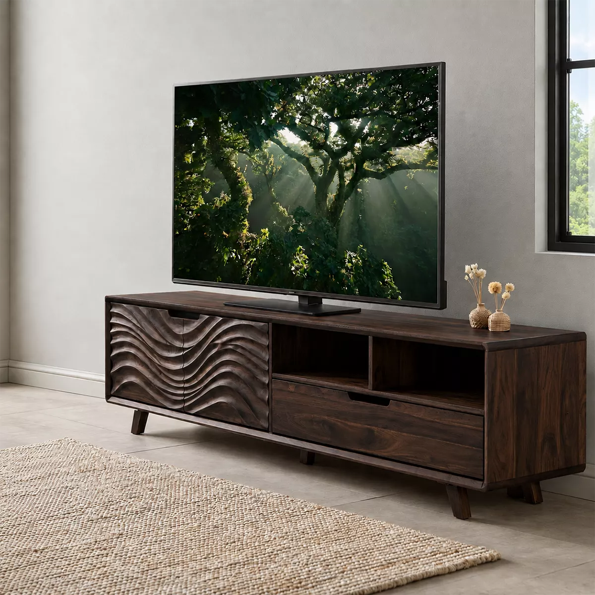 TV Stand with Sculptural Fluted Cabinet Door for Modern Living Room - Rustiracraft