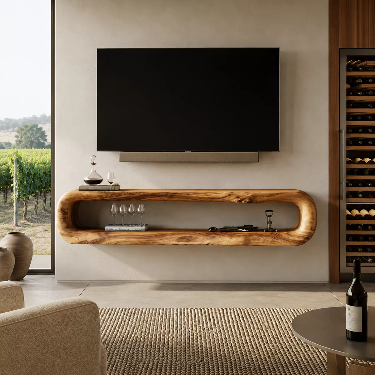 TV Stand with Sculptural Open Nook for Modern Living Room Interiors - Rustiracraft